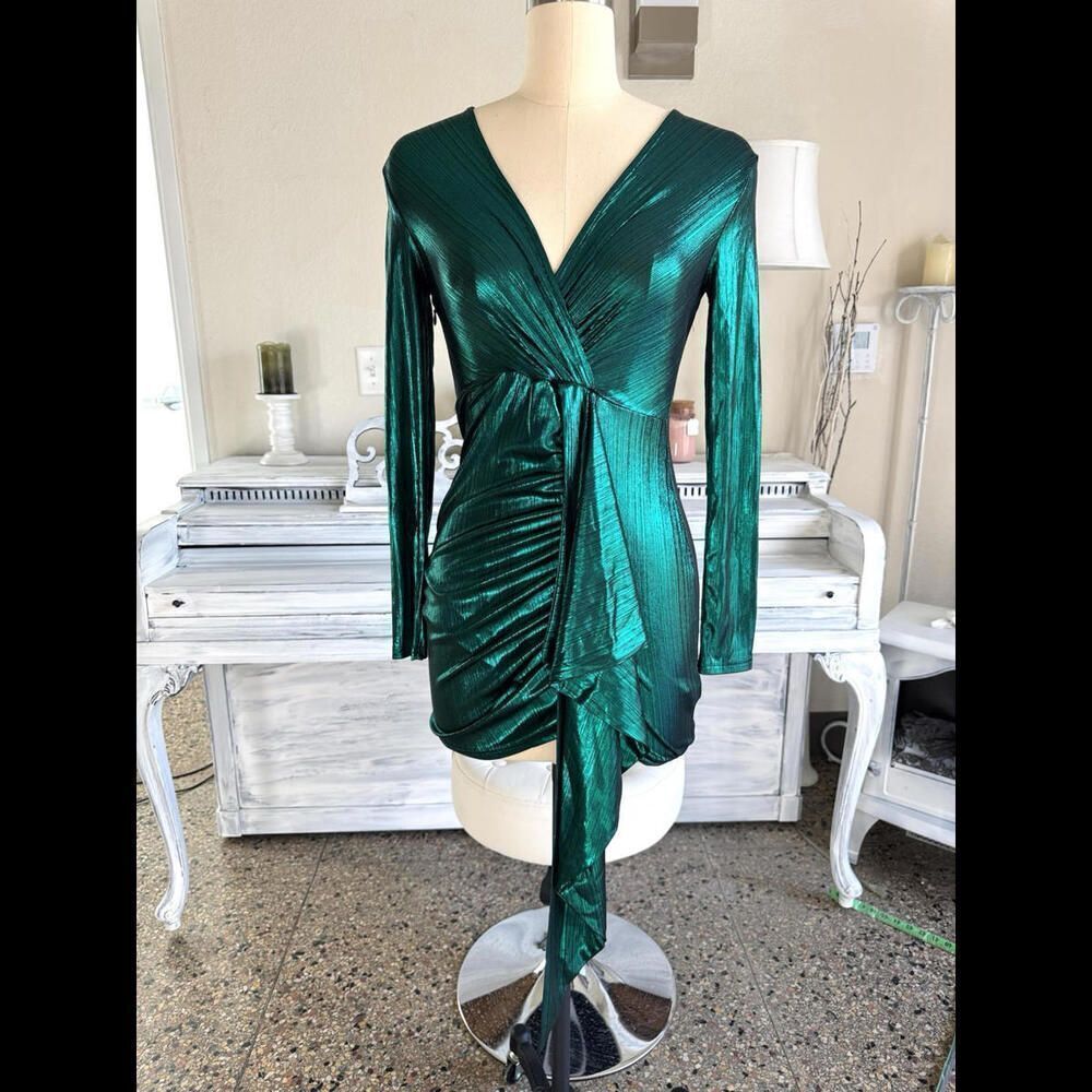 Womens Green ruched Faux Wrap bodycon Mini dress metallic shein xs